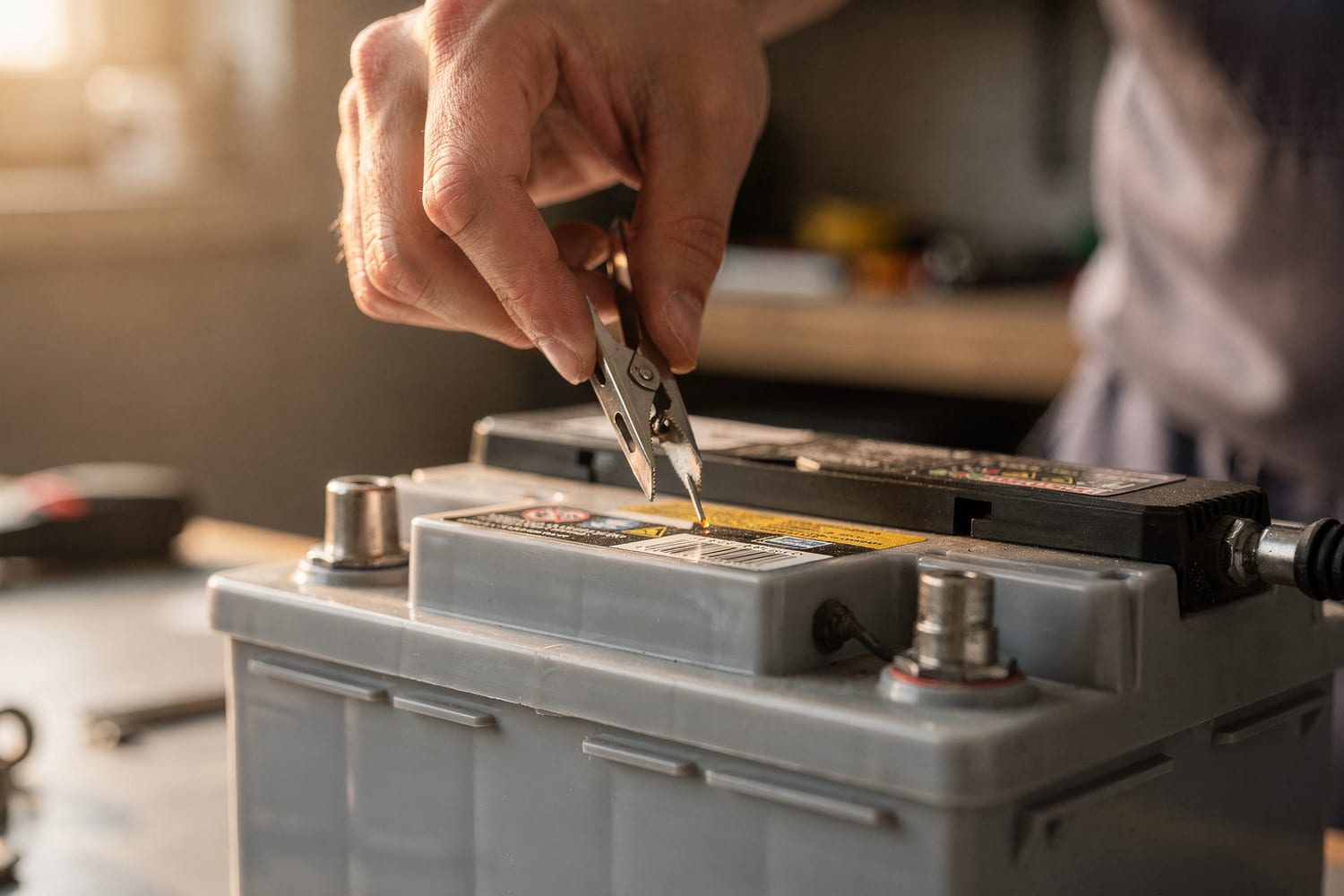 A technician clipping a tester onto a fresh automotive battery at the Elite Energy counter